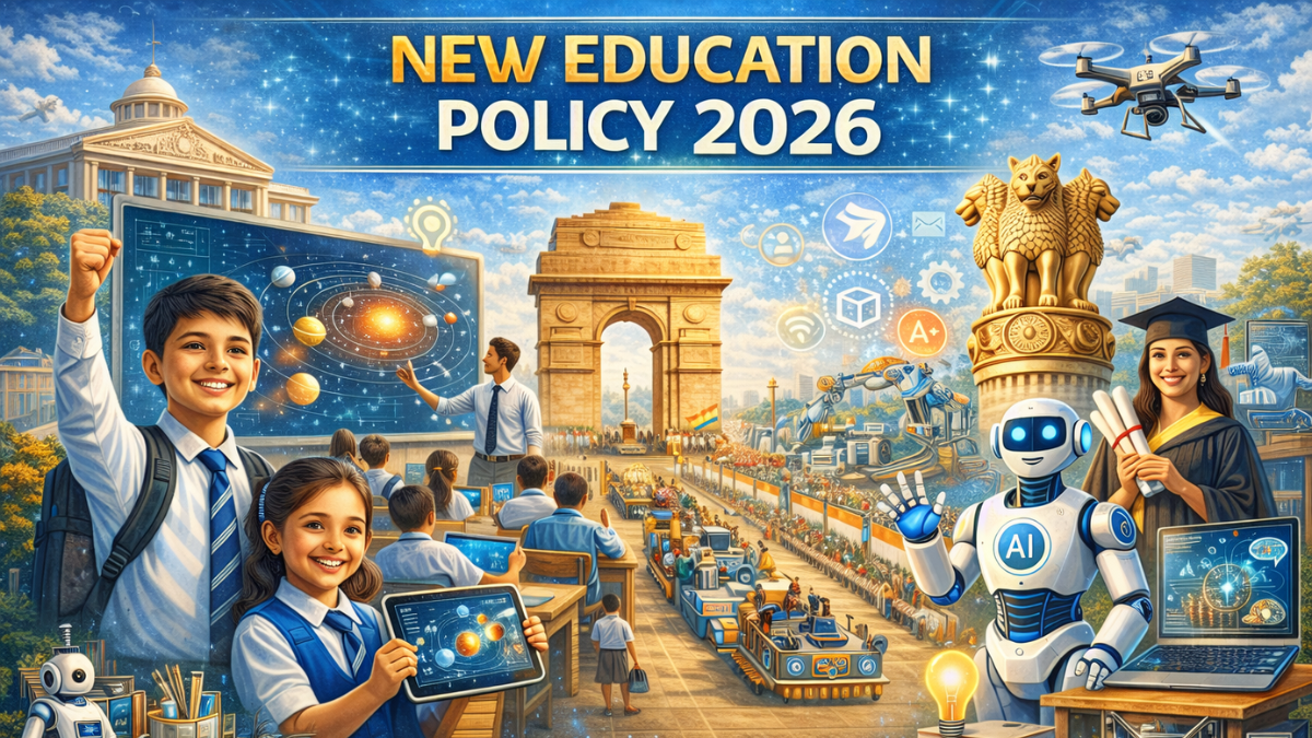 New Education Policy 2026 India image showing digital classrooms, students, AI learning and modern education system.