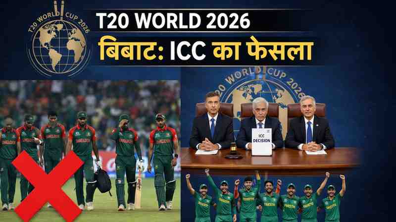 T20 World Cup 2026 विवाद की तस्वीर: ICC का फैसला, बांग्लादेश टीम टूर्नामेंट से बाहर और पाकिस्तान की भागीदारी को दर्शाता ग्राफिक