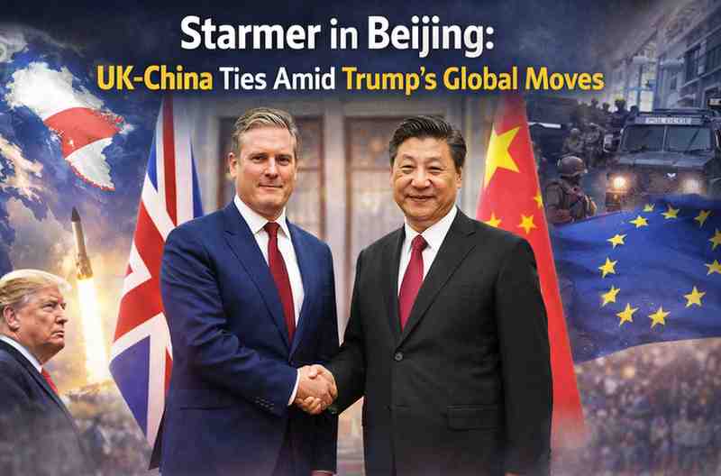 "Starmer shakes hands with Xi Jinping with UK, China flags in background.