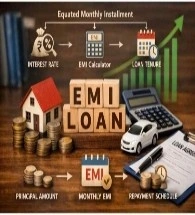 RBI EMI rules and EMI loan concept with home loan, car loan, interest rate, EMI calculator, and repayment schedule.