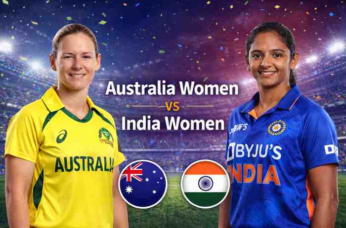Australia Women vs India Women मैच प्रमोशनल इमेज, स्टेडियम बैकग्राउंड के साथ दोनों टीमों की कप्तान आमने-सामने