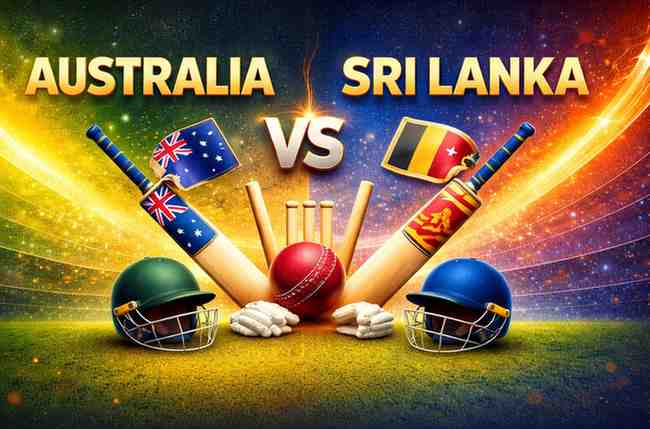 Australia vs Sri Lanka cricket match graphic featuring bats, ball, stumps, helmets and national flags on a colorful stadium background.