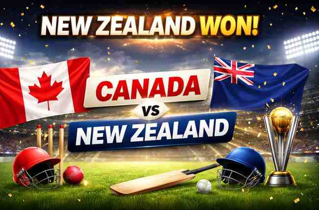 Canada vs New Zealand cricket match result image showing New Zealand won with team flags, cricket bat, ball, helmet, and trophy on stadium background.