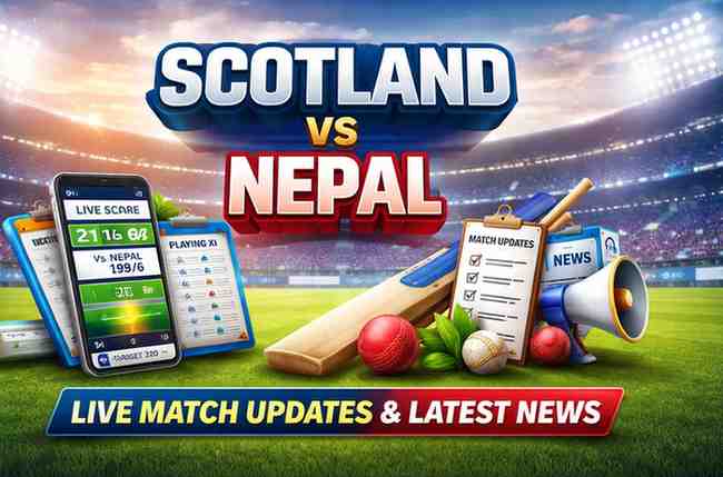 Scotland vs Nepal cricket match graphic with stadium background, team names, live match updates icons and cricket equipment, no players shown.