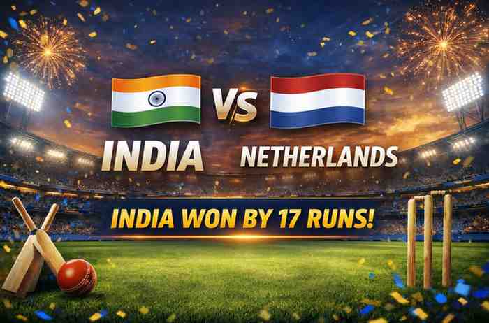 India vs Netherlands cricket match graphic showing India winning by 17 runs in a floodlit stadium with flags, fireworks, and cricket equipment, no players shown.