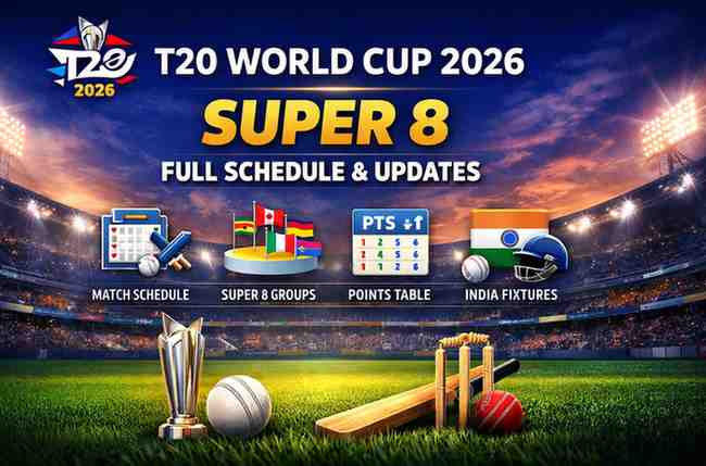 T20 World Cup 2026 Super 8 graphic showing floodlit cricket stadium, trophy, bat and ball, points table icon and match schedule banner without players.