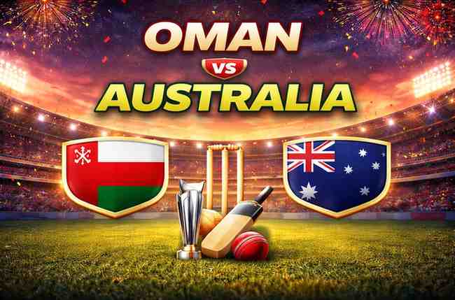 Oman vs Australia Cricket Match promotional graphic featuring bold text, stadium lights background, cricket ball and bat illustration, and both national flags without any human images.