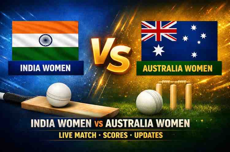 India Women vs Australia Women live match graphic featuring both national flags, cricket bat, ball, stumps, and stadium lights background.