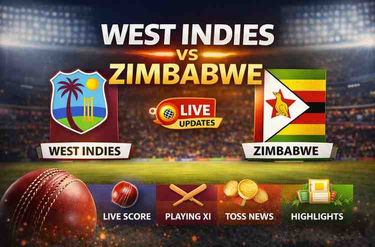 West Indies vs Zimbabwe live match updates graphic showing team flags, cricket stadium background, live score, playing XI, toss news and highlights banner.