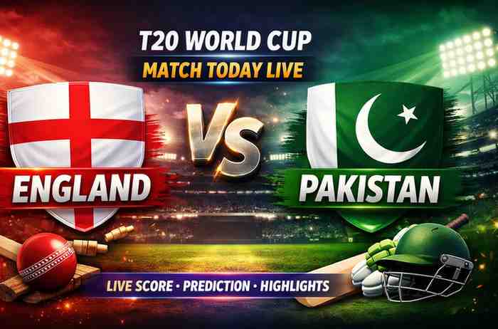 England vs Pakistan T20 World Cup match graphic with team flags, cricket bat and ball, stadium lights, and match today live banner.