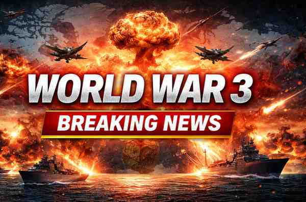 World War 3 Breaking News graphic featuring bold headline text, nuclear explosion over world map, fighter jets, warships, and fiery battlefield background.